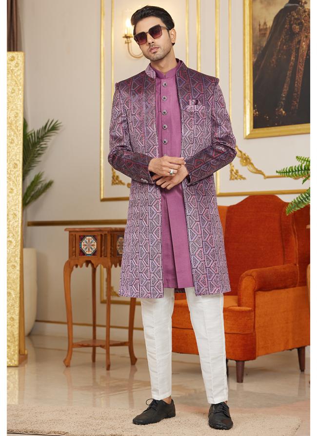 Art Silk Pink Wedding Wear Thread Work Readymade Indo Western Sherwani